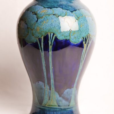 40. William Moorcroft Pottery vase  'moonlit blue' pattern.  Burslem factory. Green painted  signature. 14 3/4" H.  Early 20th Century.