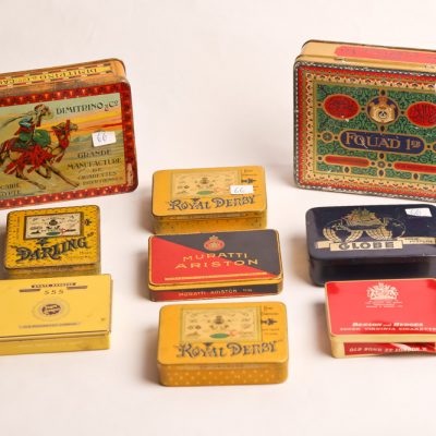 66   Cigarette tins collection.      Mainly  Egyptian.  Dimitrino, Fouad,  and various makers.  Early 20th century.  