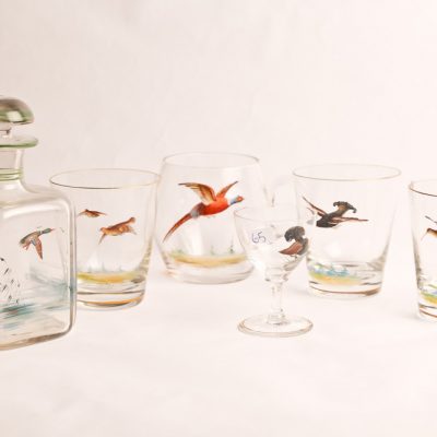 65   Glassware set.  Hand painted  in game bird motif.  Specifically made as a serving  set for after a hunting  expedition.    Late 19th  century.  