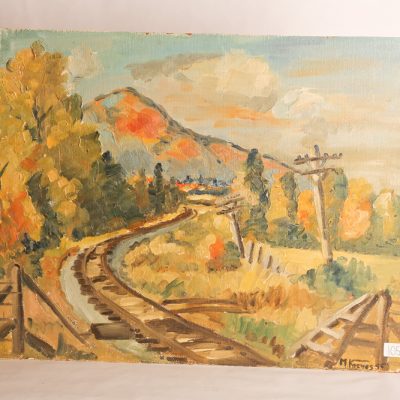 105   Marie Louise Kreyes (MSA    A22    1925-83).  Oil on board.  "Northern NB Landscape".  Dated 1956. 