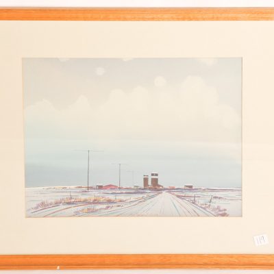119   R.N. Hurley (FCA)         watercolour.  Manitoba grain elevators in  winter.  12 x 16".