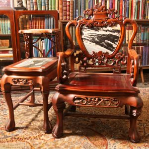 25B. Chinese rosewood armchairs. Set of two. Hand carved in dragon motif and with marble inserts. Mid 20th century. AND 25D. Chinese rosewood pair of lamp tables. Hand carved in dragon motif and with marble inserts. Mid 20th century. 