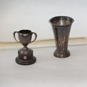 46.  Sterling silver cup, and 1939 Monte Carlo Rally trophy - with results scroll.