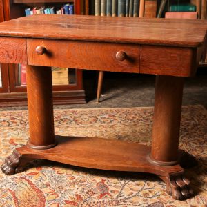 57. Antique sewing table. Solid 1/4 cut oak with slide-out basket. Early 20th century.  