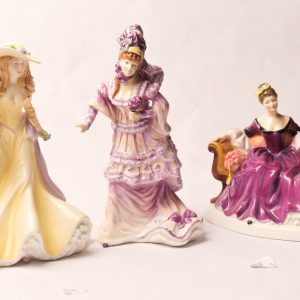 48. Three Royal Doulton figurine prototypes. Diana; Lady in Yellow Picking Flowers; Lady in Purple on Sofa (some restored damage).  