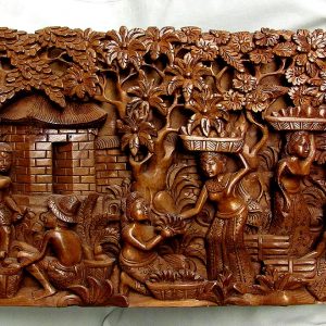 72. Hardwood carving. Deeply undercut to give 3D effect. Complex village scene. 20"w.  