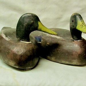 16. Pair of duck decoys. Hand-carved solid wood mallards, by Peterboro Canoe Company (Ontario) used in hunting.  Midcentury.  