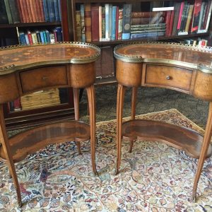 78. Pair of Italian side tables.  Brass rails and moldings and inlaid tops, one drawer and lower shelf. Mid 20th century.  