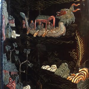 15. Chinese screen. Four panels, with black lacquer back and multi-coloured soapstone in court motif.  Mid 20th century.